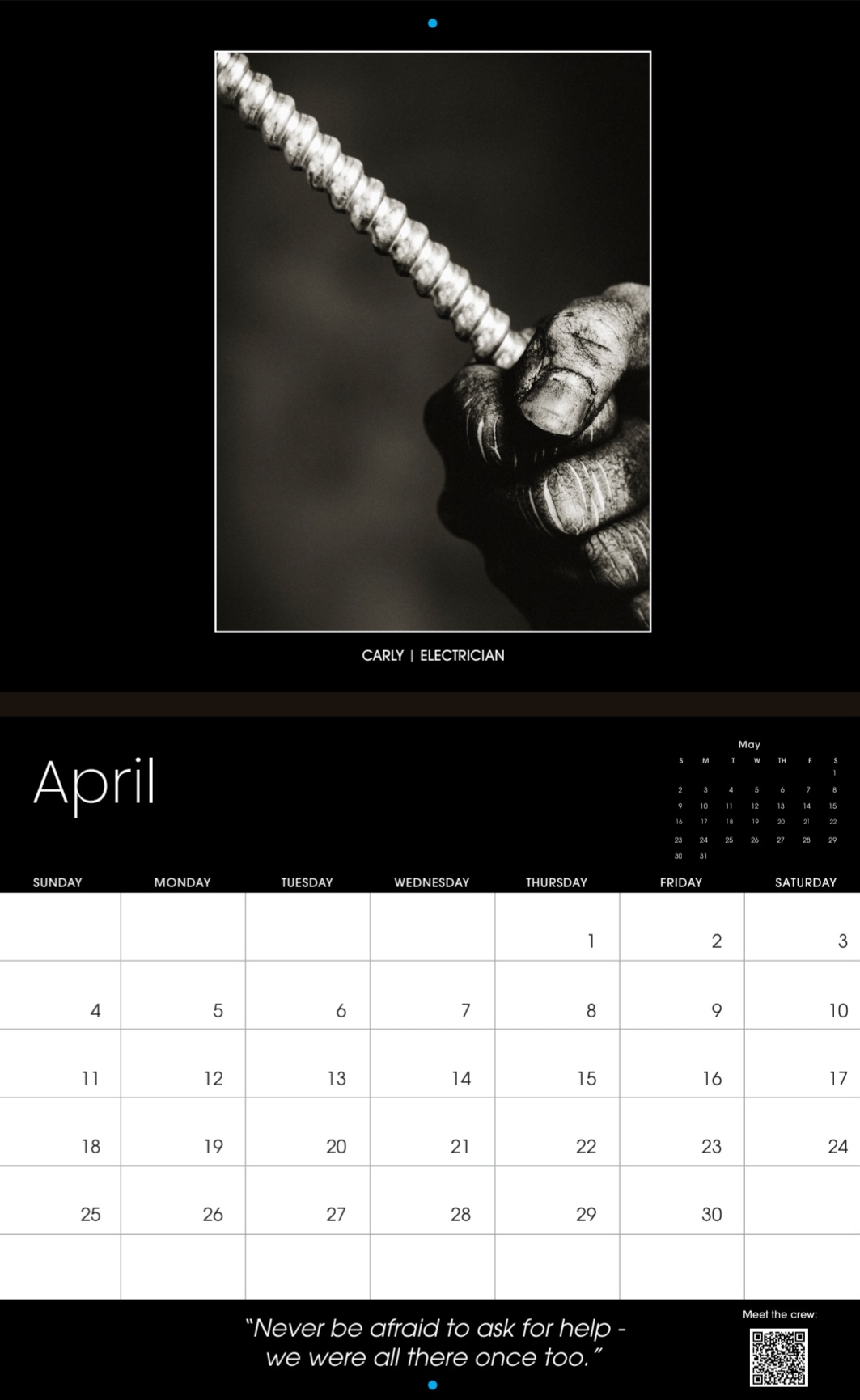 Inside the calendar - the April page with a black-and-white photograph of Carly, an electrician, and her quote