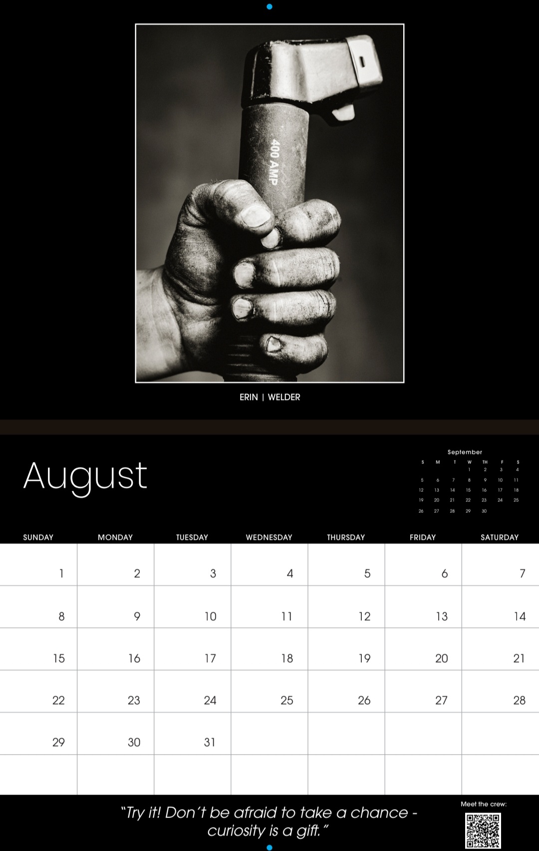 Inside the calendar - the August page with a black-and-white photograph of Erin, a welder, and her quote