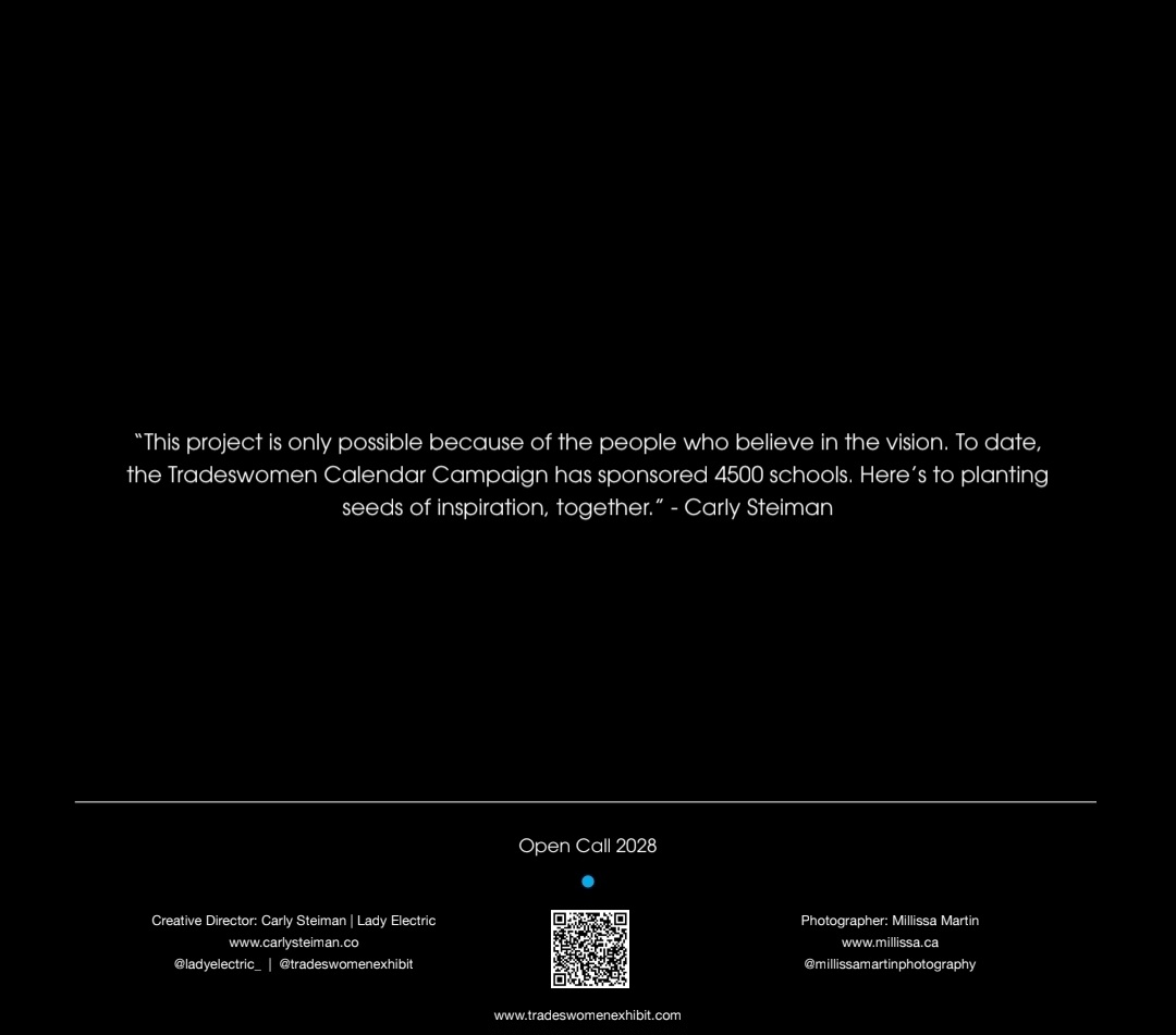 Back cover of the calendar with a quote from Carly Steiman, Open Call 2028 details, and a QR code to tradeswomenexhibit.com