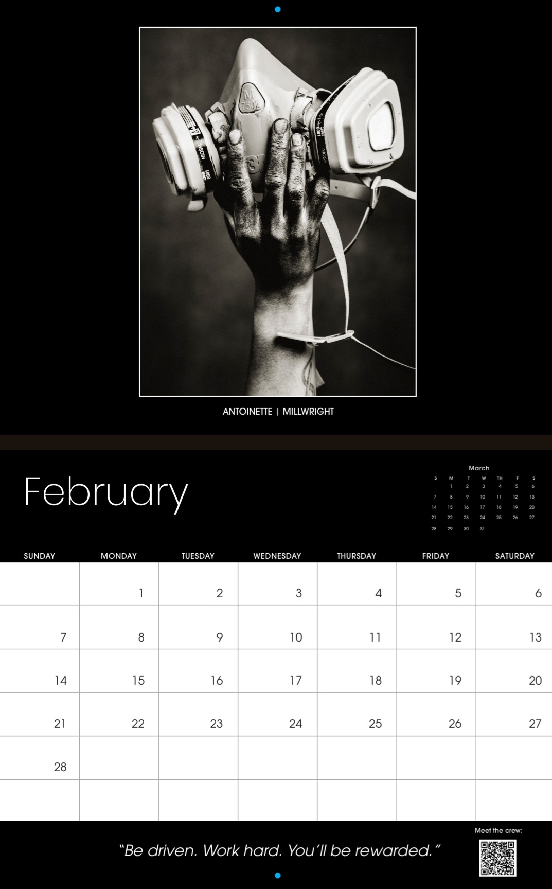 Inside the calendar - the February page with a black-and-white photograph of Antoinette, a millwright, and her quote